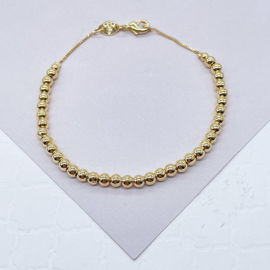 18k Gold Layered Classic 4mm Beaded  Bracelet, Gold Plain Ball Bracelet,