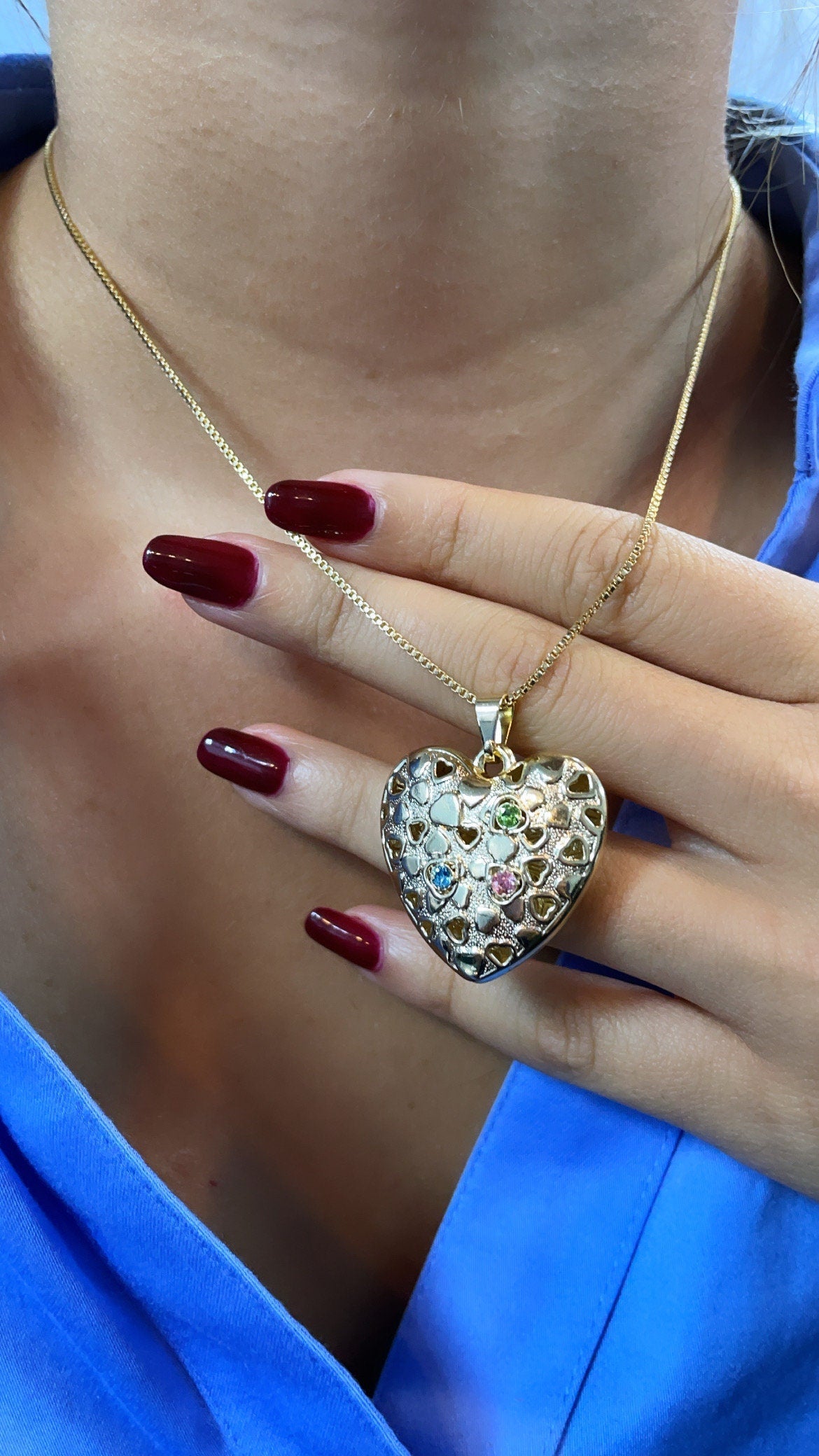 Double Sided 18k Gold Layered Puffy Heart Pendant Charm Featuring Multicolor CZ