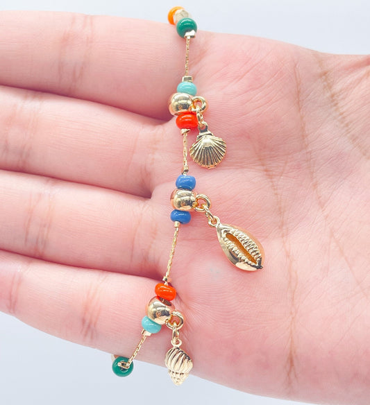 18k Gold Layered Colorful Bead Bracelet Featuring Ocean Cowrie Shell Charms,