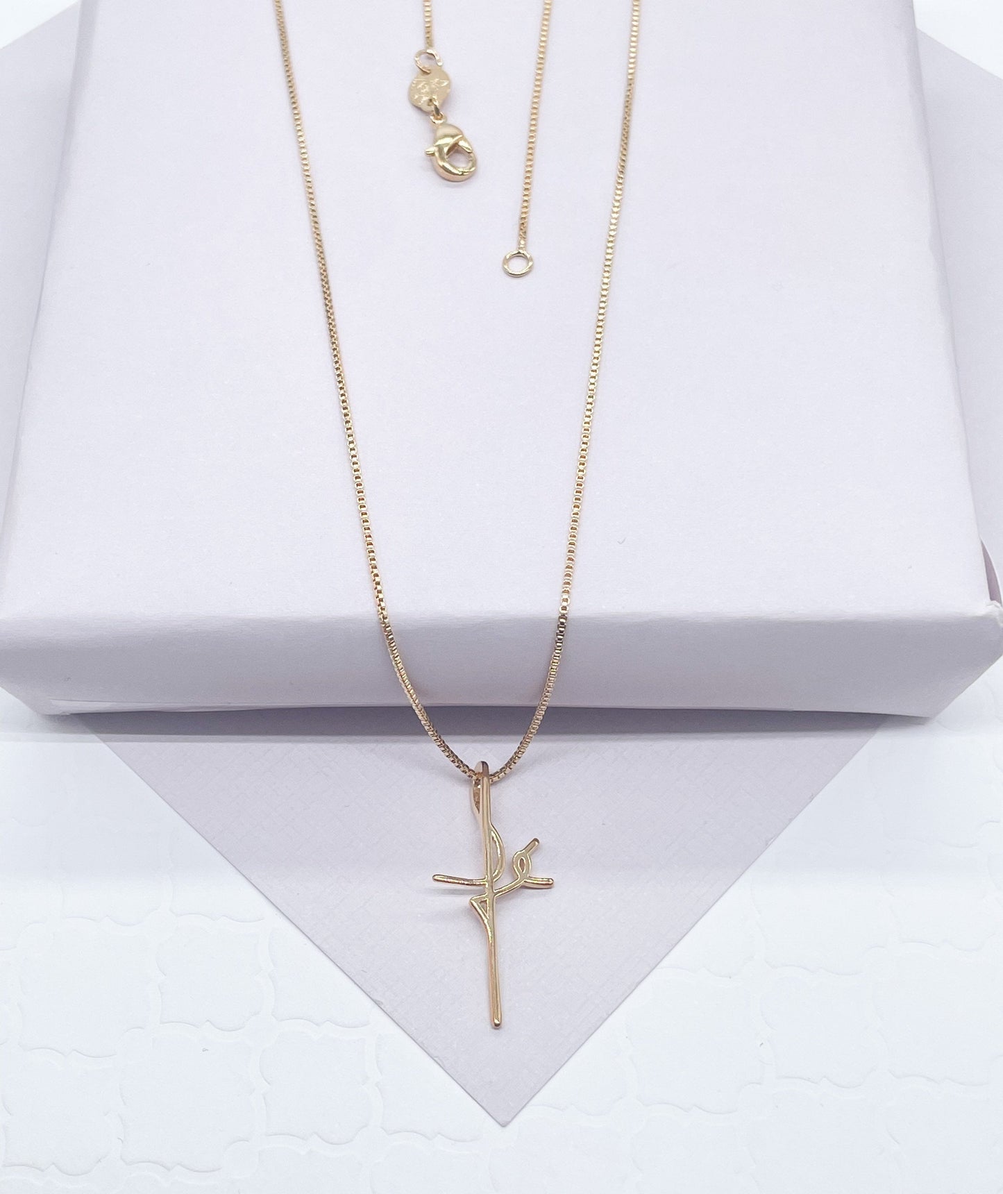 18k Gold Layered Box Chain Necklace With Minimalistic Faith Design Cross Fe