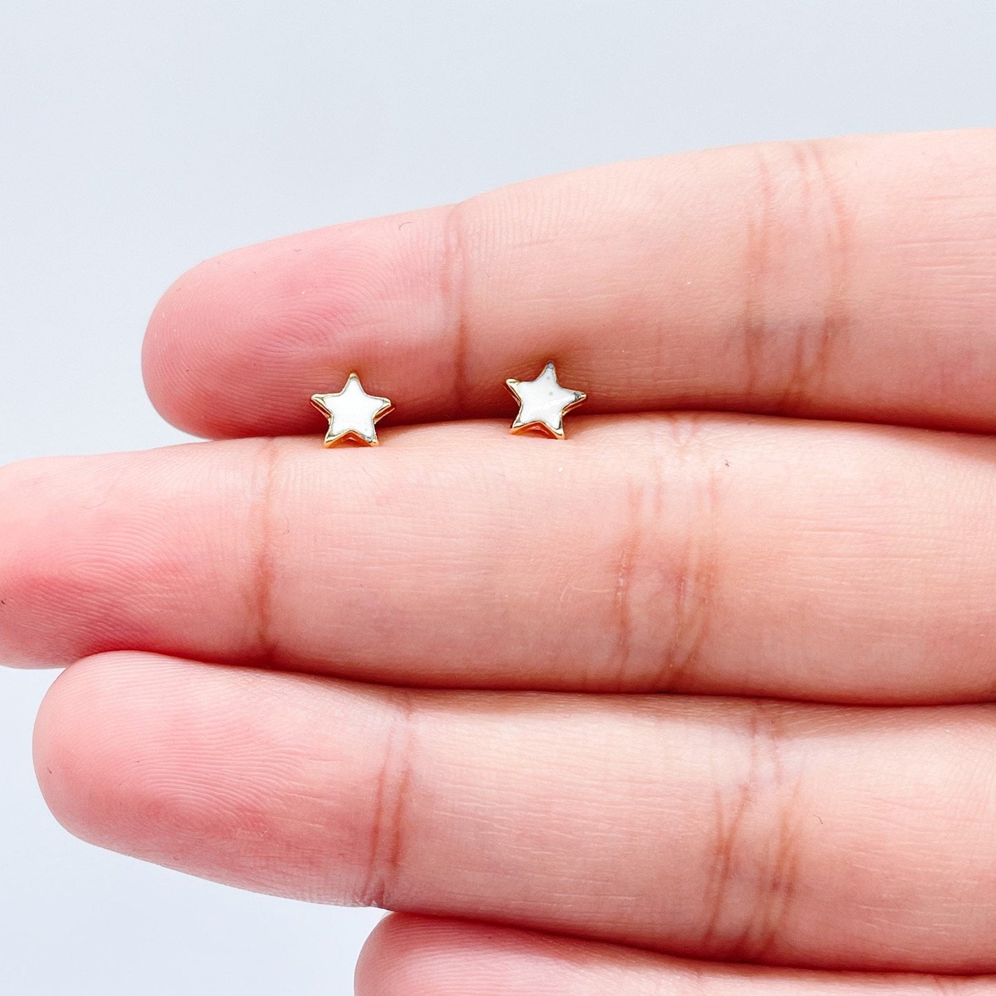 18k Gold Layered Colorful Stars Stud Earring White And Blue Patriotic Jewelry