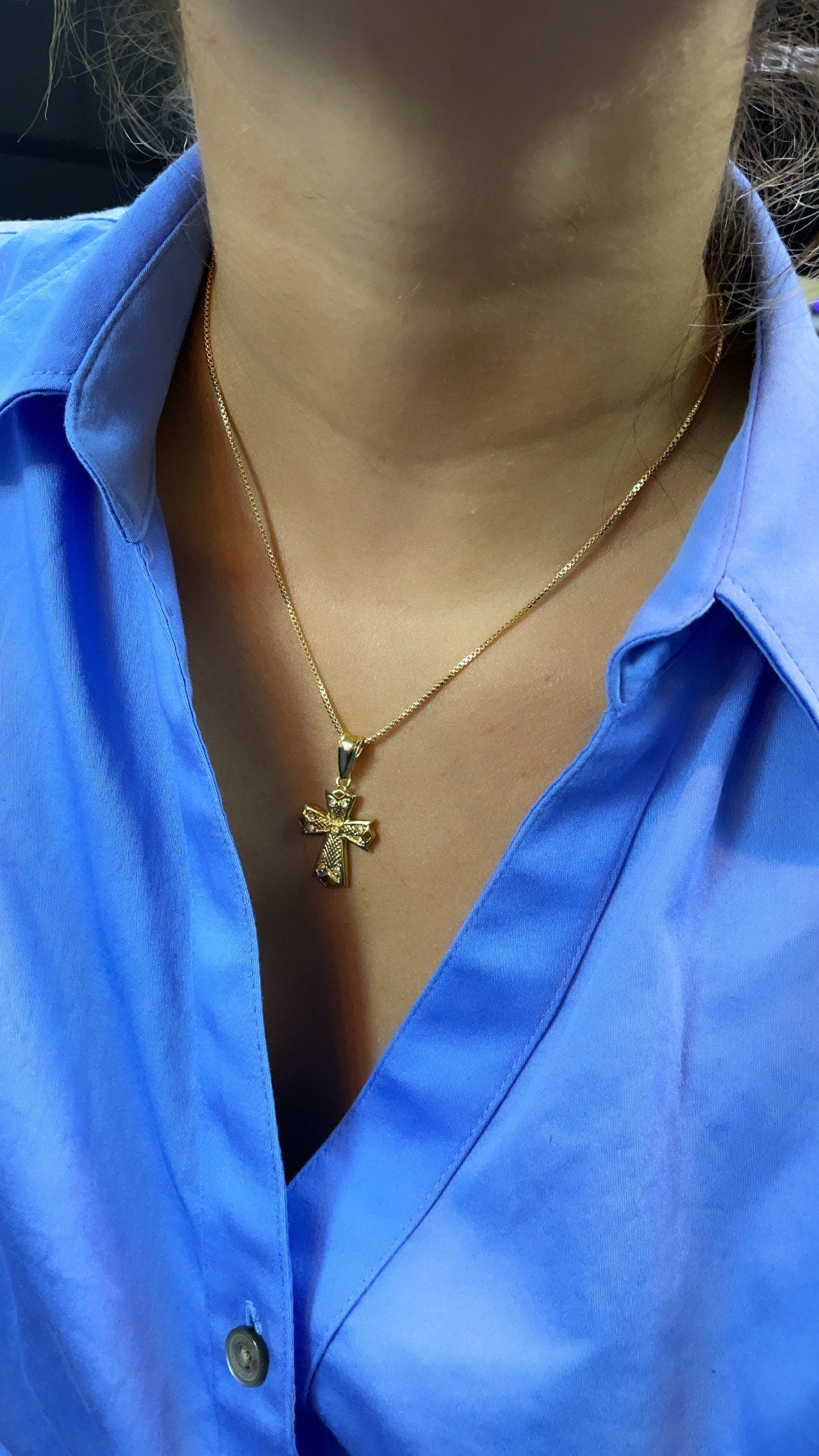 18k Gold Layered 1” Length Cross Pendant Charm with Cubic Zirconia, Religious