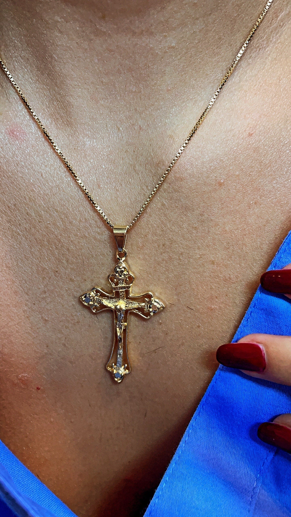 18k Gold Layered 1.7” Crucifix Cross Pendant Charm with Christ Image, Religious