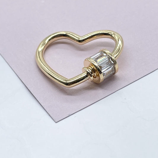 Unique 18k Gold Layered Heart Shape Carabiner Lock Clasp Featuring Clear Baguette