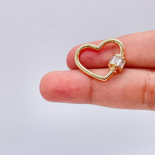 Unique 18k Gold Layered Heart Shape Carabiner Lock Clasp Featuring Clear Baguette