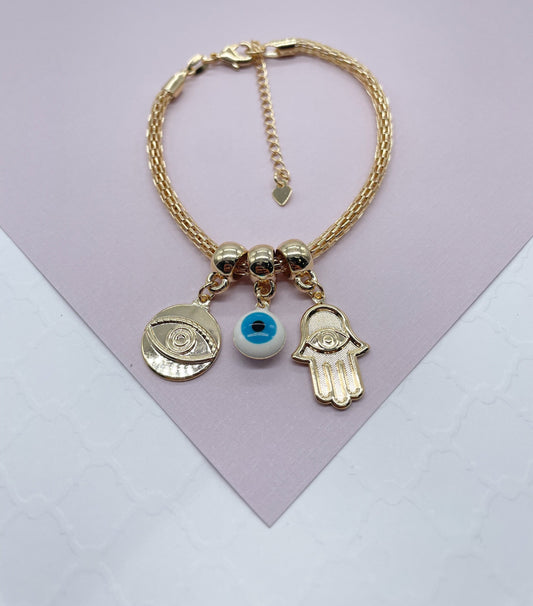 18k Gold Layered Evil Eye Charm Bracelet Featuring Hamsa, Eye Medal For
