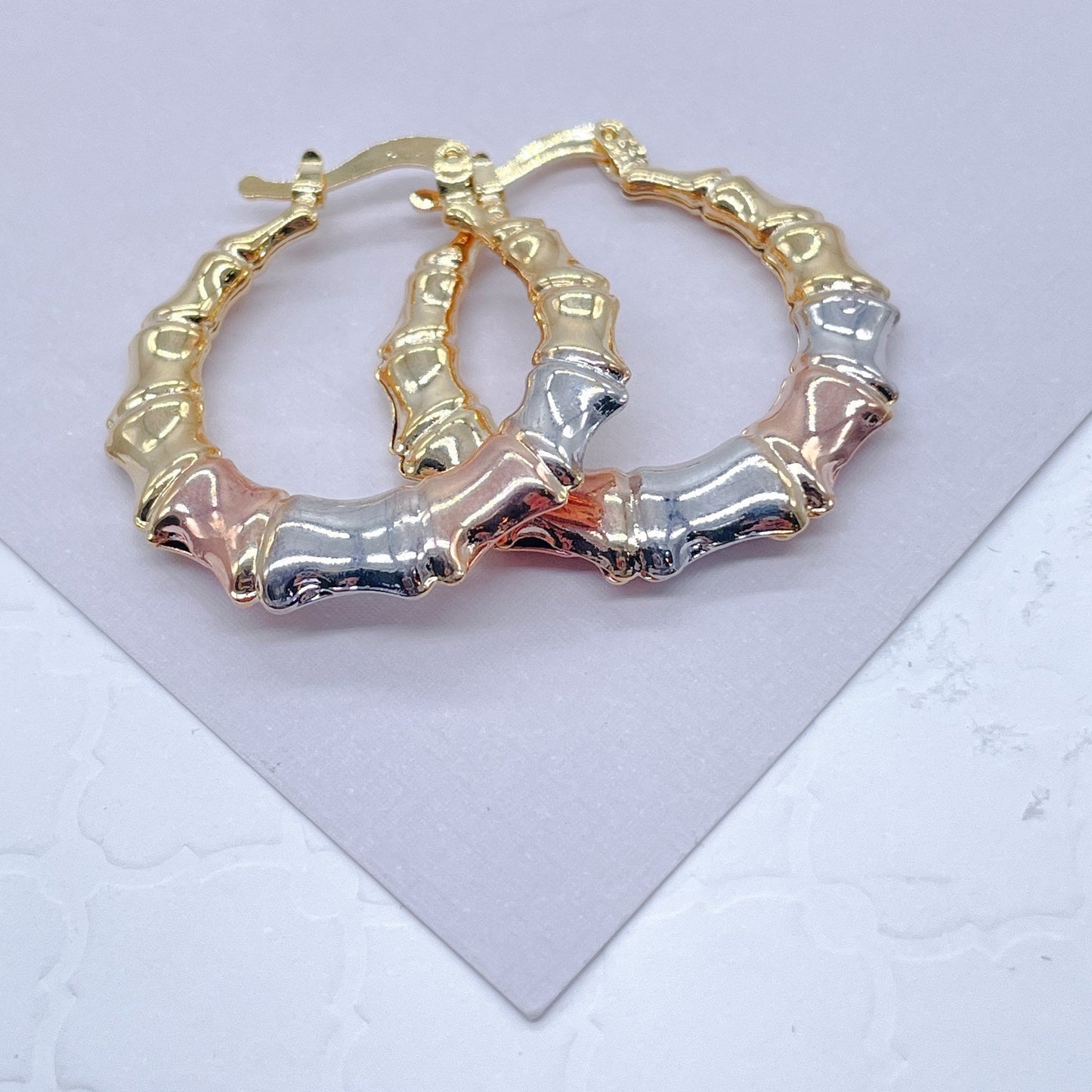 18k Gold Filled Tri-Colored Bamboo Hoop Earrings, Tricolor Round Style Bamboo