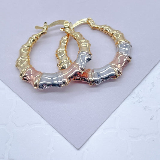 18k Gold Filled Tri-Colored Bamboo Hoop Earrings, Tricolor Round Style Bamboo