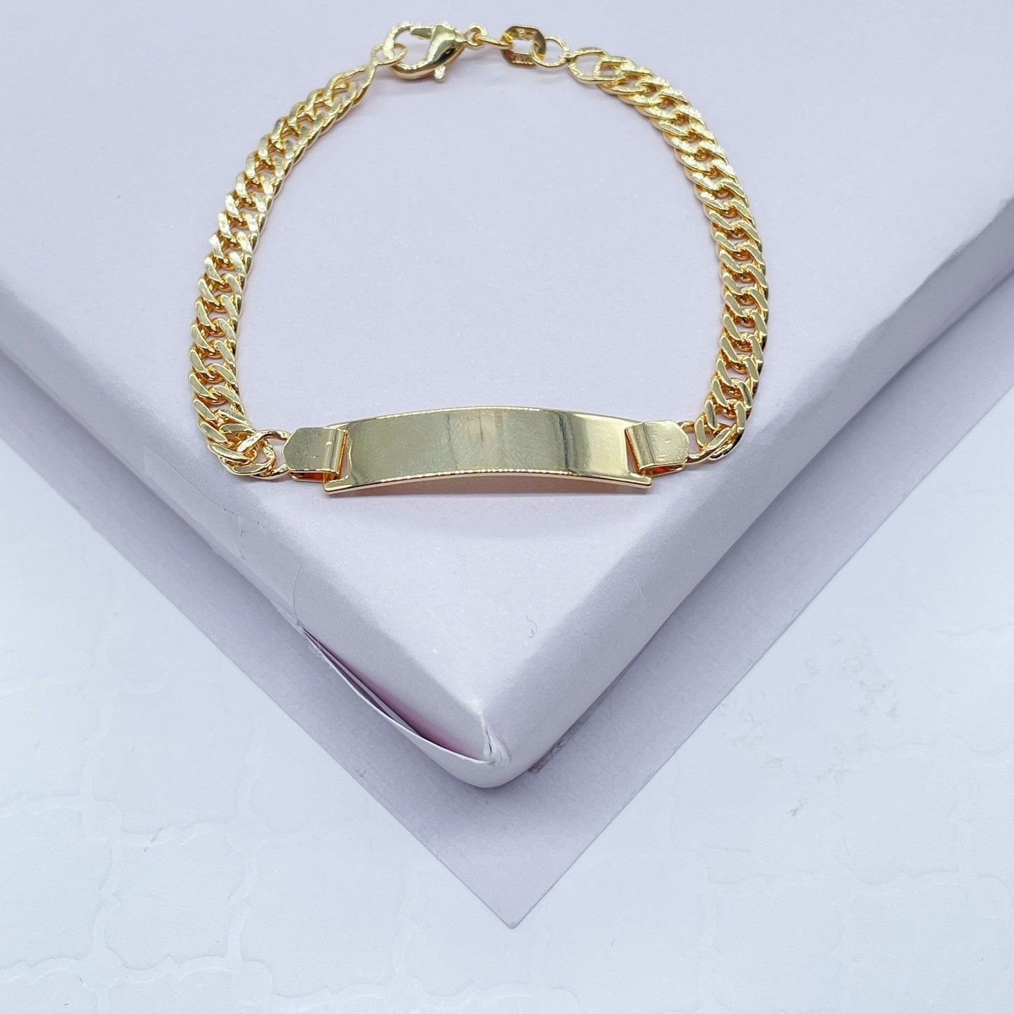 18k Gold Layered Cuban Link ID Children’s Bracelet, Curb Chain Bar Bracelet For
