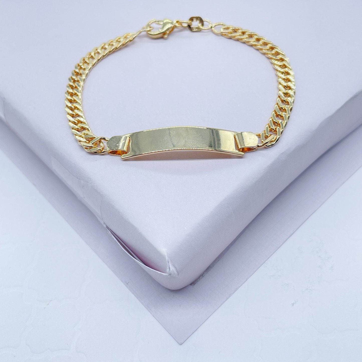 18k Gold Layered Cuban Link ID Children’s Bracelet, Curb Chain Bar Bracelet For