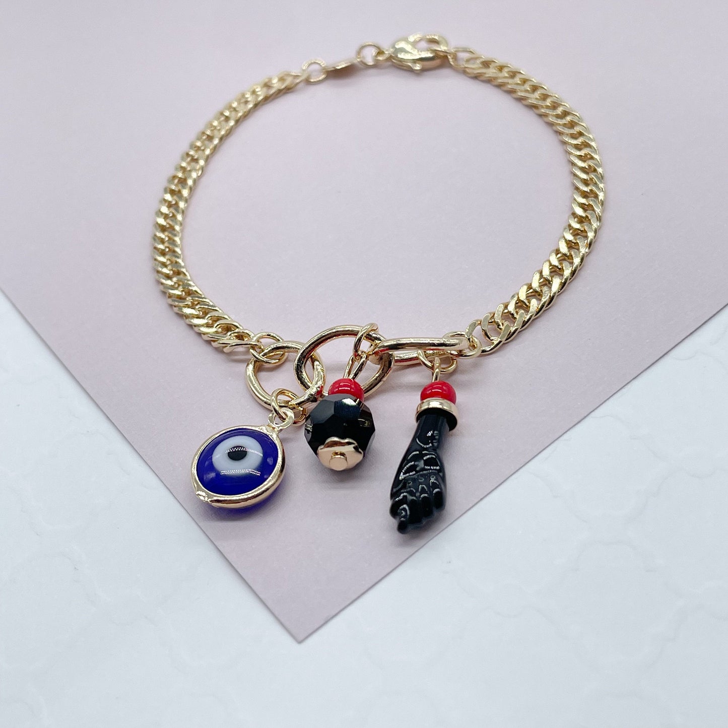 18k Gold Layered Double Cuban Link Bracelet With Blue Evil Eye, Simulate Azabache