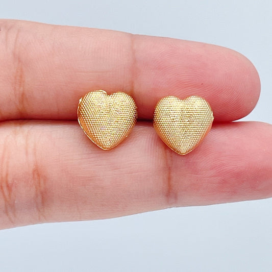 18k Gold Layered Puffy Design Heart Stud Earrings Featuring Pattern Detail