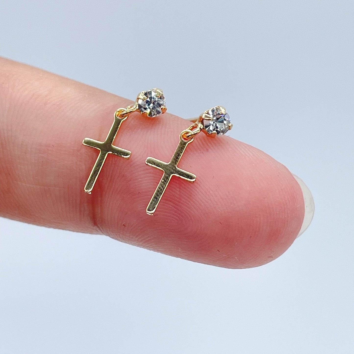 18k Gold Layered Tiny Hanging Cross with Cubic Zirconia Stud Earrings Wholesale