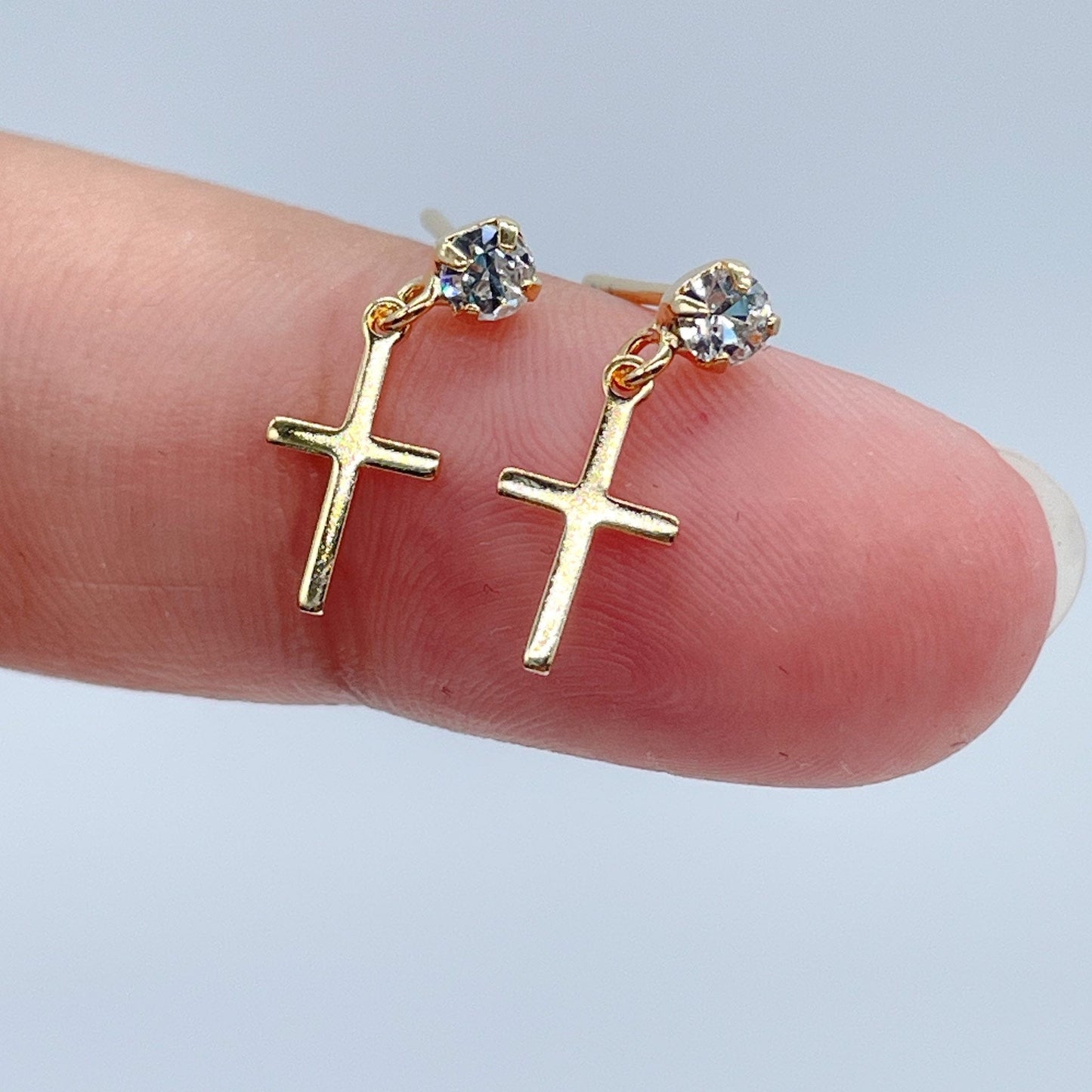 18k Gold Layered Tiny Hanging Cross with Cubic Zirconia Stud Earrings Wholesale