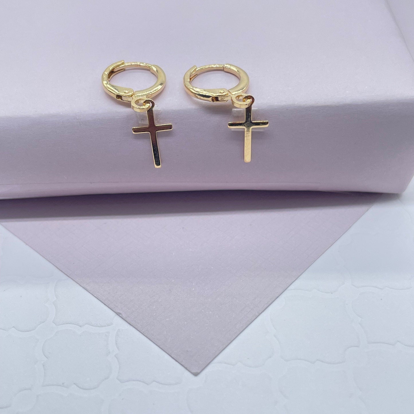 18k Gold Layered Tiny Plain Hanging Cross Hoop Earrings Wholesale Jewelry
