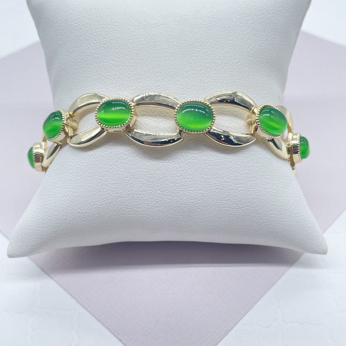 18k Gold Layered Link Bracelet With Oval Lime Green Stone Bezel Setting Wholesale