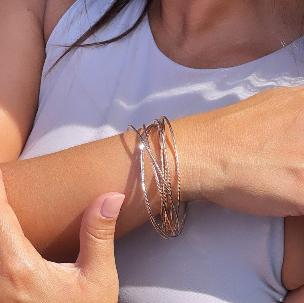 18k Gold Layered Rugged Tri-Colored Stacked Bangles Bracelet, Groove Style