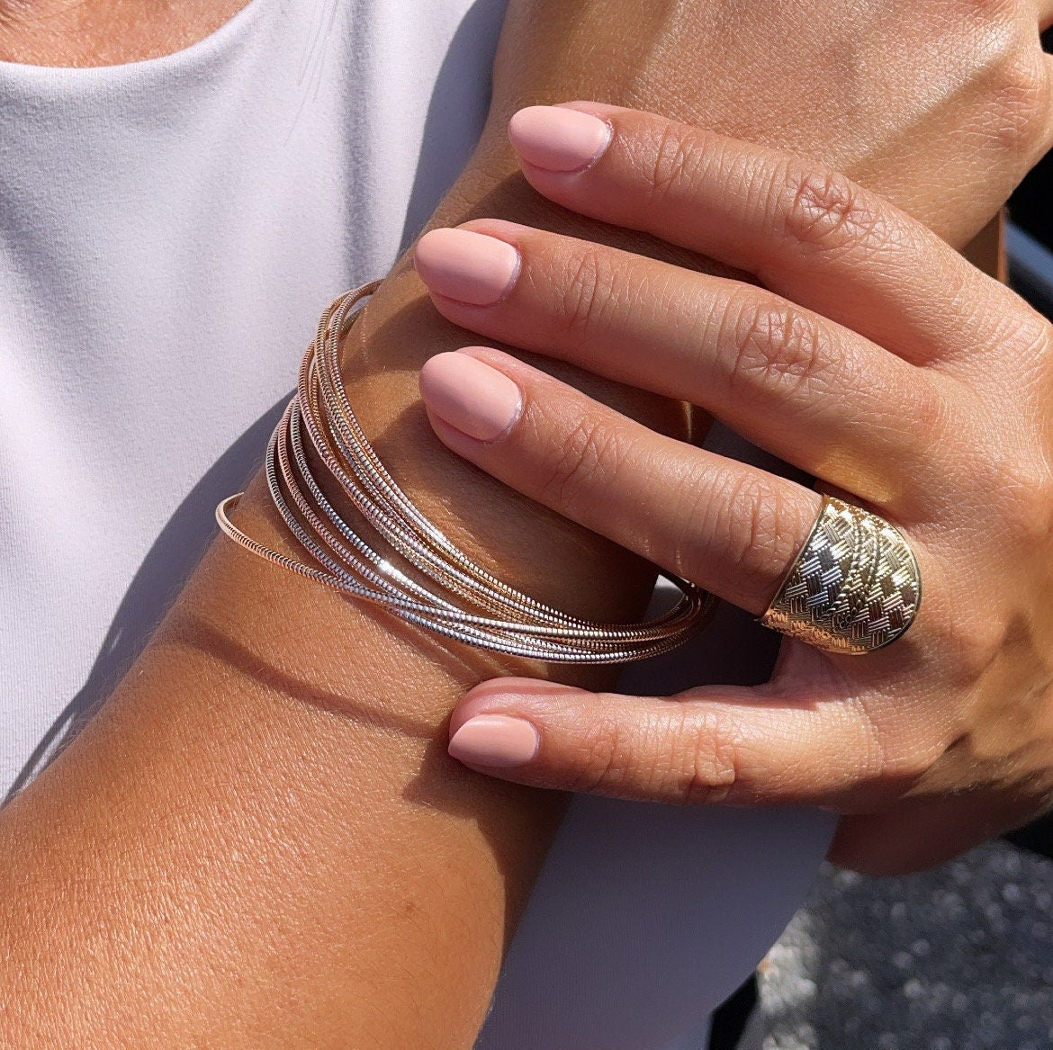 18k Gold Layered Rugged Tri-Colored Stacked Bangles Bracelet, Groove Style
