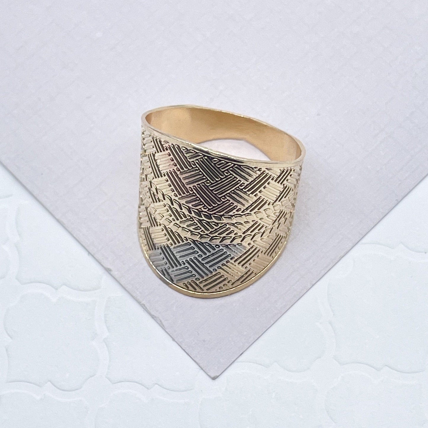 Large 18k Gold Layered Geometric Patterned Tri-Color Ring Wholesale Jewelry