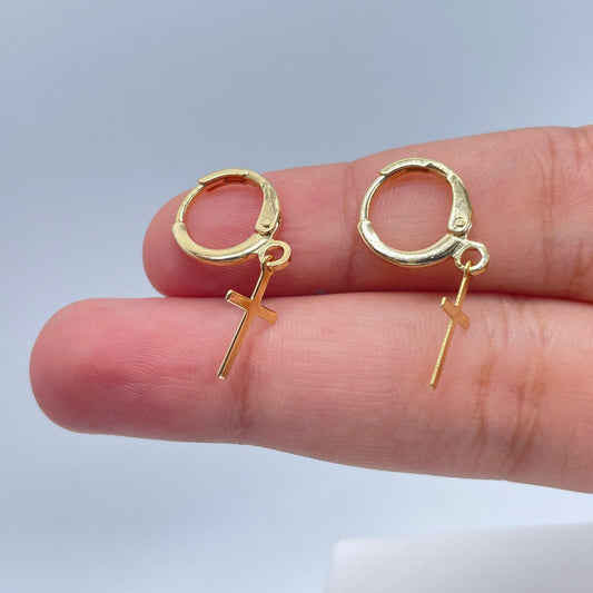 18k Gold Layered Tiny Plain Hanging Cross Hoop Earrings Wholesale Jewelry