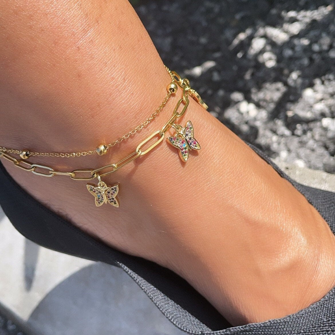 18k Gold Layered Multi-Color CZ Butterfly Charm Anklet, Owl, Elephant, Dolphin,