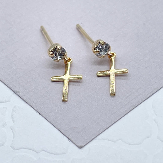 18k Gold Layered Tiny Hanging Cross with Cubic Zirconia Stud Earrings Wholesale