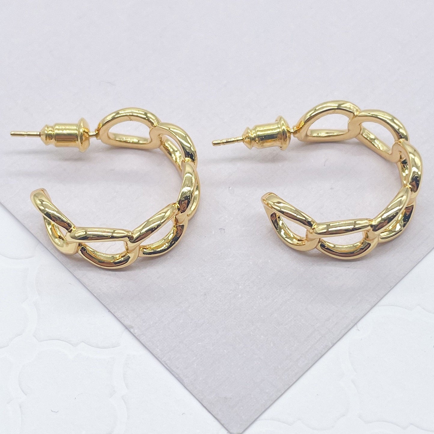 18k Gold Layered Open Hoop Link Earring, Cuban Curb Link Chain Earrings Wholesale