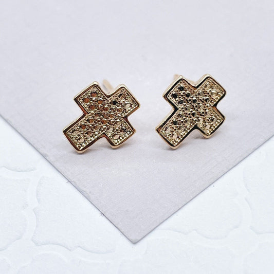 18k Gold Layered Design Pattern Casted Cross Stud Earrings Wholesale Jewelry