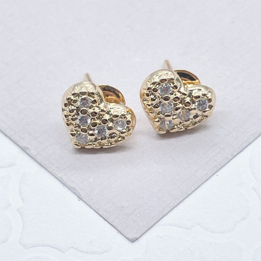 18k Gold Layered Dainty Design Pattern Small Heart Stud Earrings Featuring