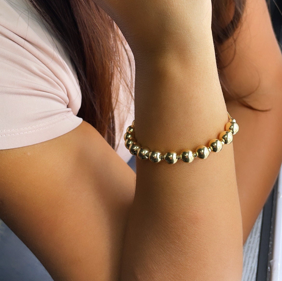 18k Gold Layered 8mm Beaded Women’s Bracelet, Gold Plain Ball Beads Bracelet,