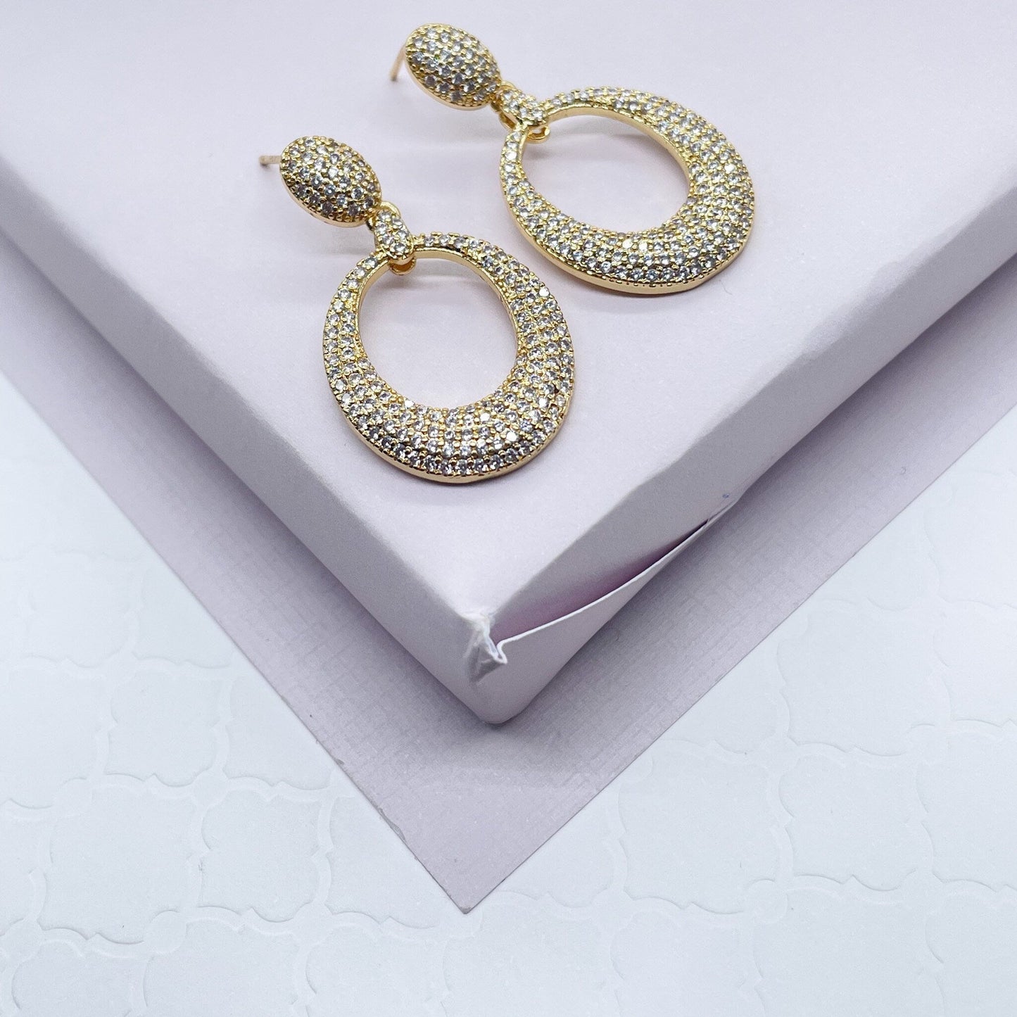 18k Gold Layered Micro Pave Cubic Zirconia Oval Dangling Party Earrings