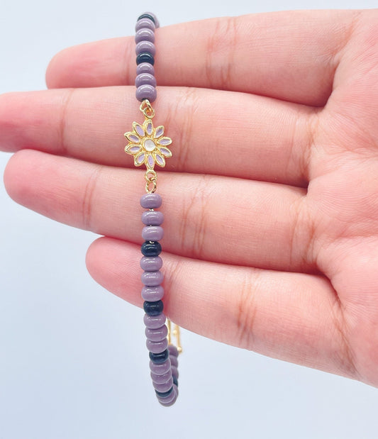 18k Gold Layered Beaded Bracelet Featuring Purple Black Beads, Colorful Enamel