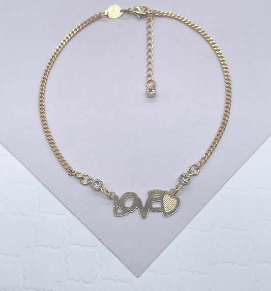 18k Gold Layered Thin Cuban Link "Love" Anklet Adorned By Two Cubic Zirconia