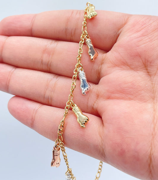 18k Gold Layered Thin Figaro Anklet with Tri-Color "Figa", Silver, Gold And