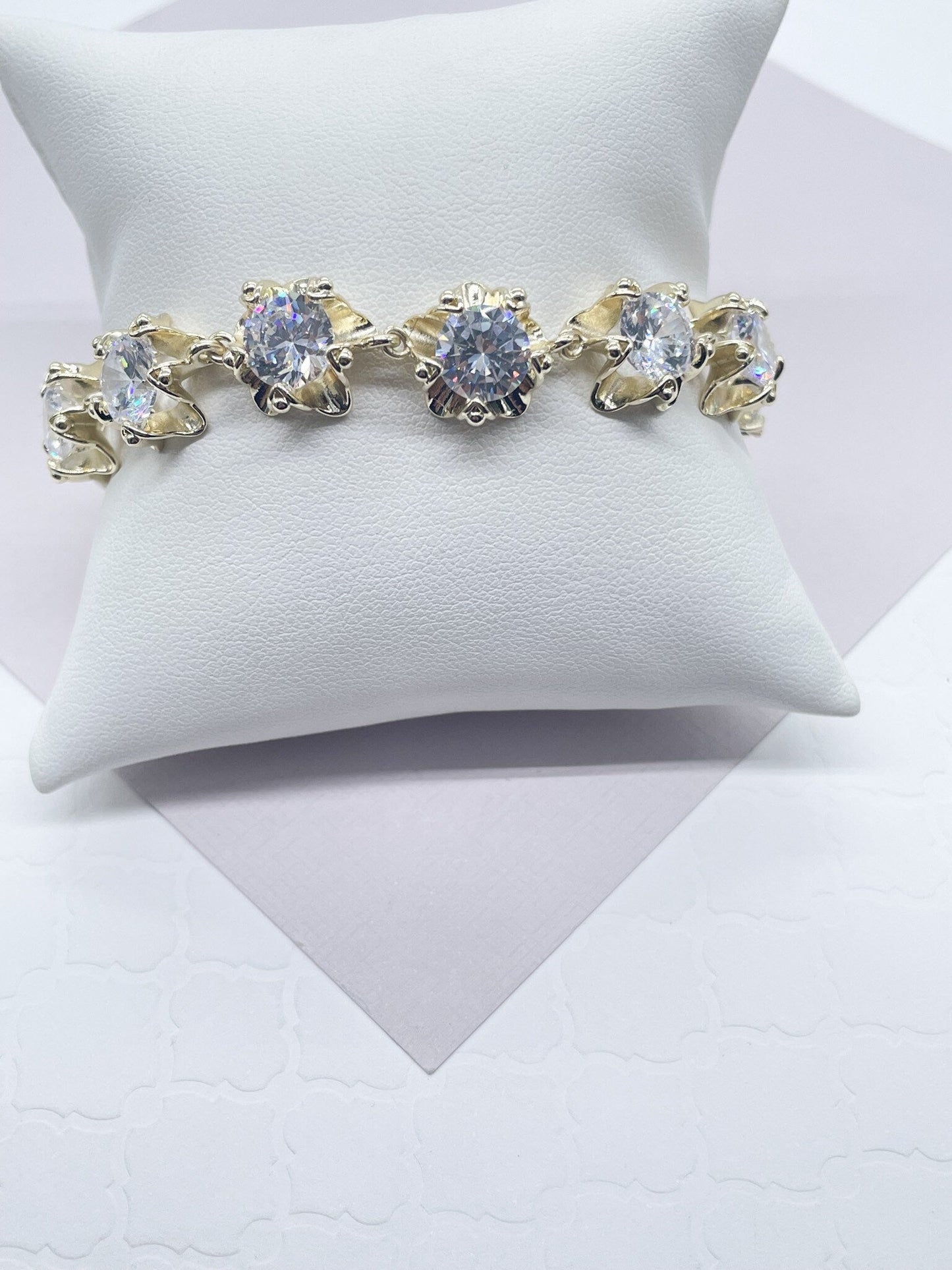 18k Gold Layered Flower Bracelet Featuring Large Cubic Zirconia More Colors
