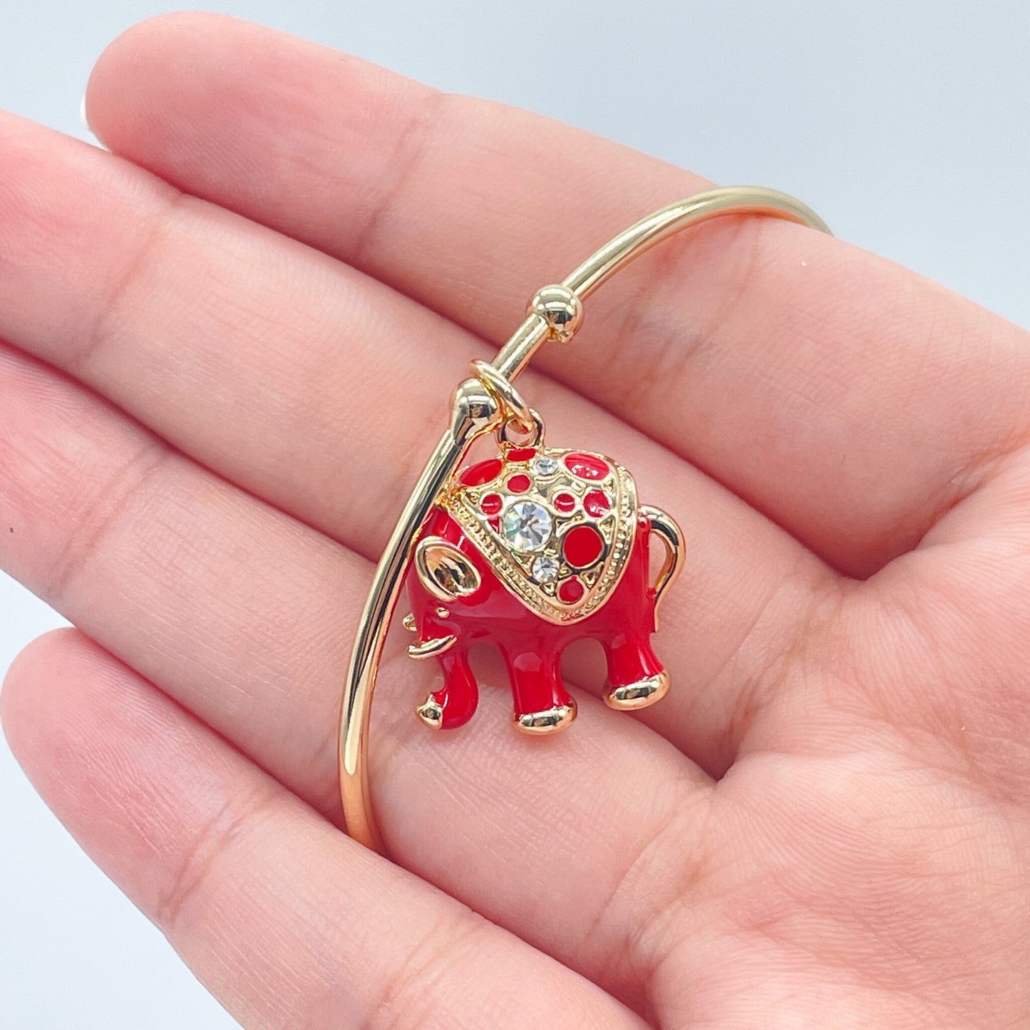 18k Gold Layered Puffy Red Enamel Elephant Cuff Bangle Bracelet in Gold Wholesale