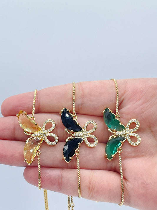 18k Gold Layered Clear Micro Pave Cubic Zirconia Colorful CZ Butterfly Bracelet