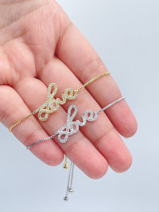18k Gold Filled Micro Pave Cubic Zirconia "Love" Adjustable Bracelet In Box Chain Style With Slider Clasp  Jewelry Gift  Her