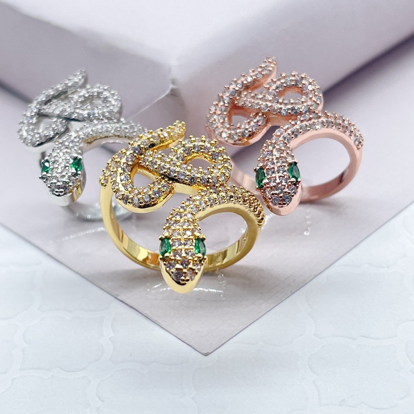 18k Gold Layered Micro Pave Cubic Zirconia Snake Ring Featuring Simulated Emerald