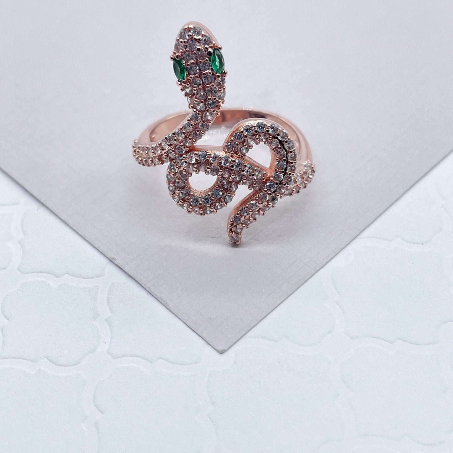 18k Gold Layered Micro Pave Cubic Zirconia Snake Ring Featuring Simulated Emerald