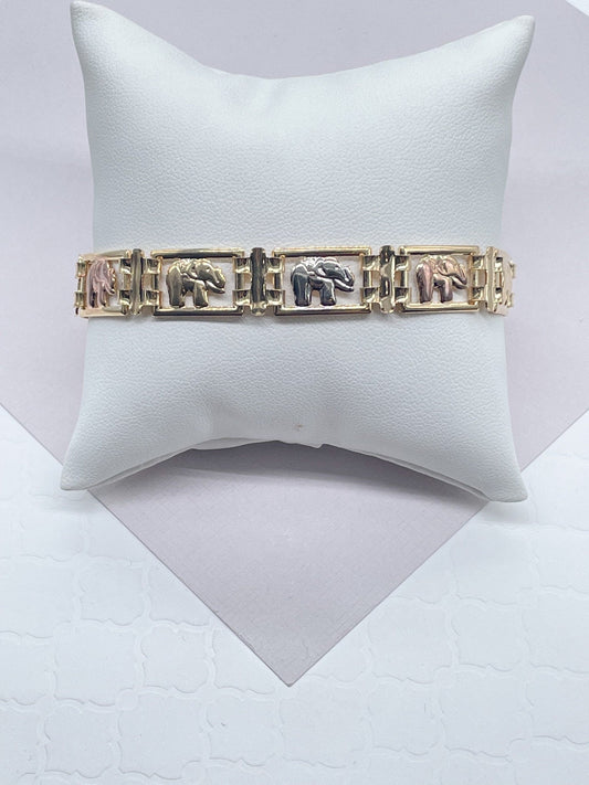 18k Gold Layered Tri-Color Flat Elephant Set, Tricolor Hallowed Necklace