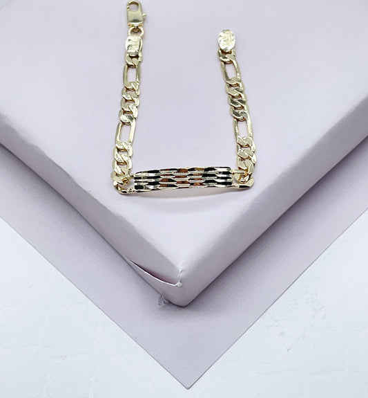 18k Gold Layered Figaro Link Children's Bracelet Featuring Texture Bar, Kids