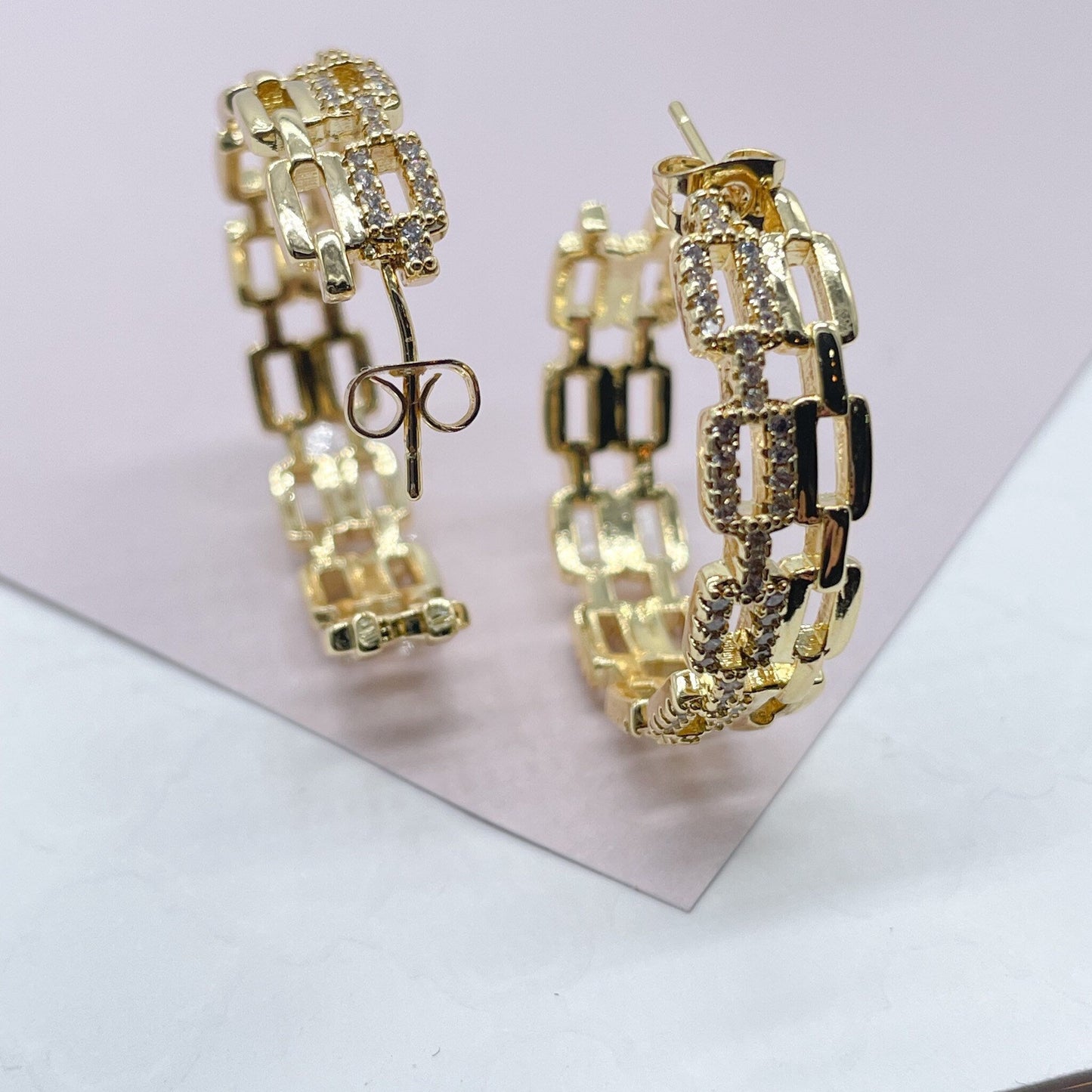 18k Gold Layered Chain Link Hoop Earrings Featuring Cubic Zirconia, Dainty Curb