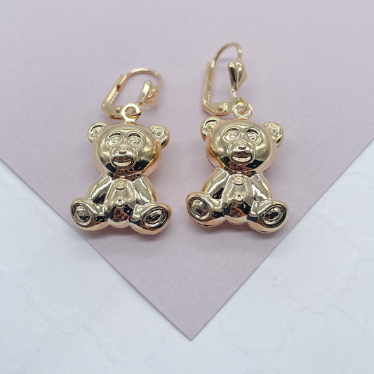 18k Gold Layered Chubby Teddy Bear Dangling Earrings Wholesale Jewelry Making