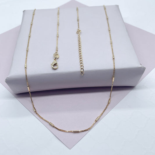18k Gold Layered 1mm Dainty Interspersed Bar Dash Box Chain Necklace for