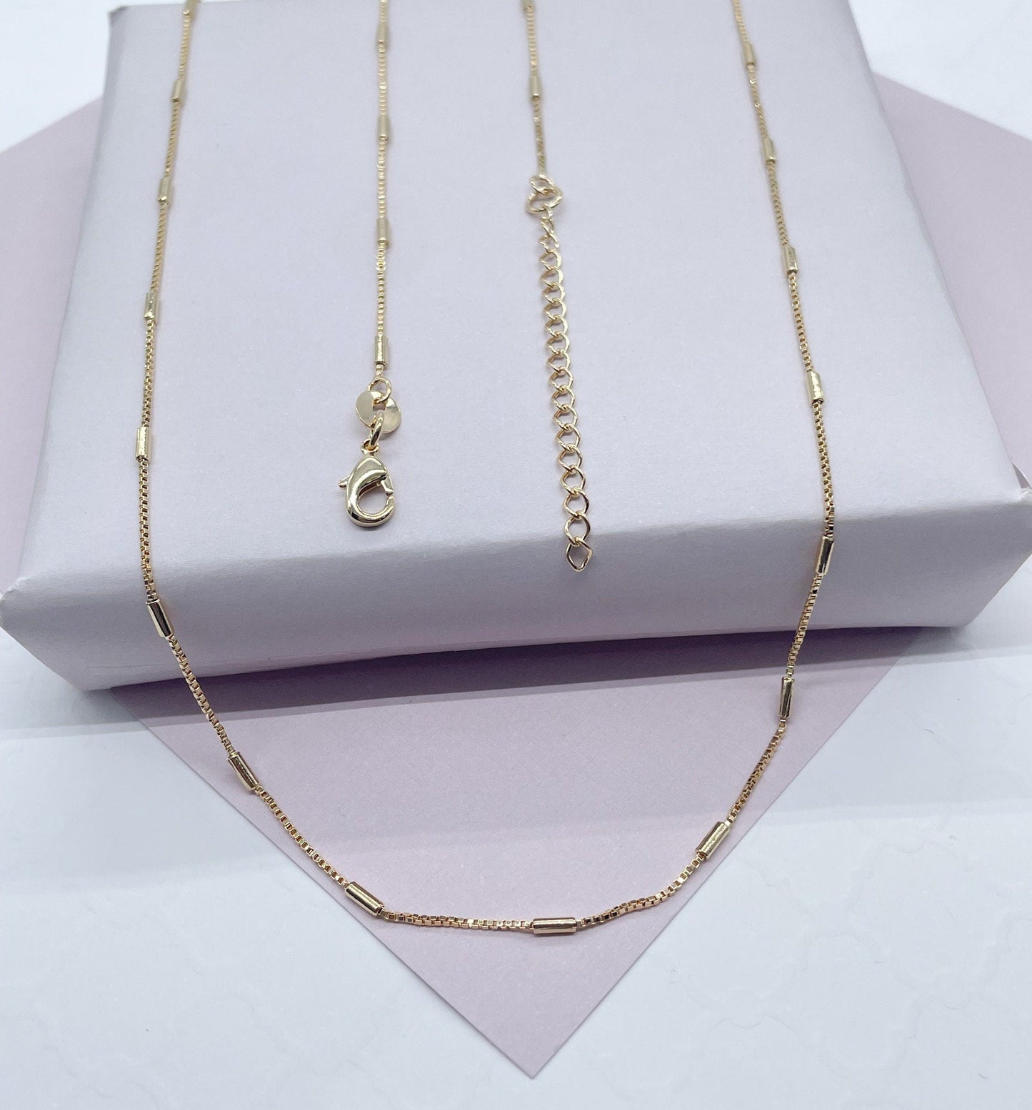 18k Gold Layered 1mm Dainty Interspersed Bar Dash Box Chain Necklace for