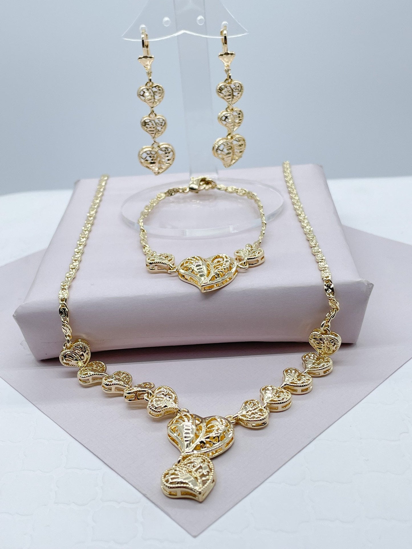 18k Gold Layered Vintage Color Heart Set Featuring Chunky Heart Necklace,