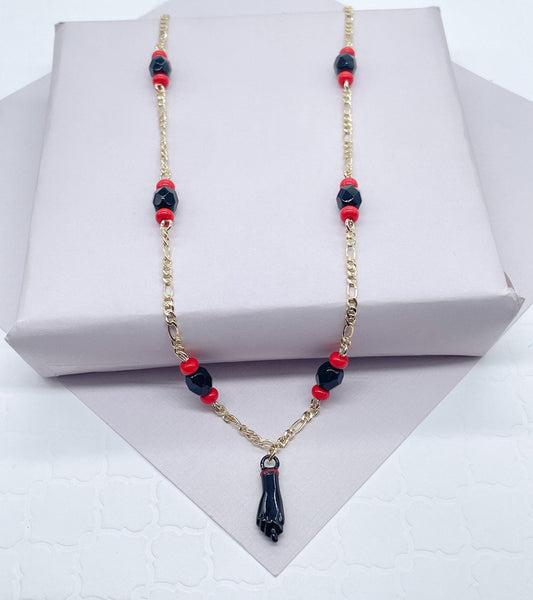 18k Gold Layered Figaro Necklace Featuring Black "Figa", Red Beads, Simulated