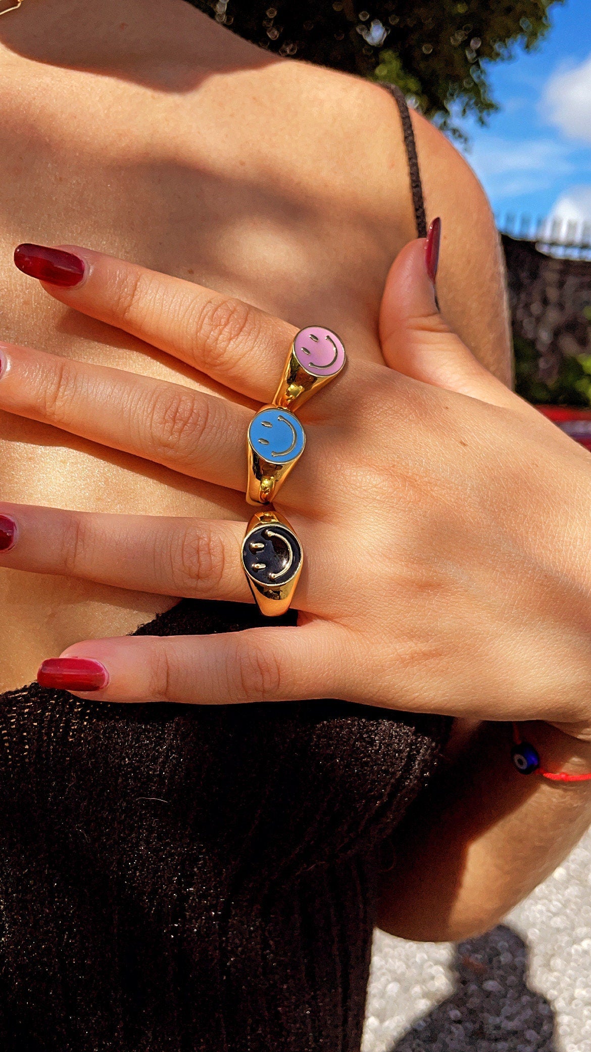 18k Gold Layered Adjustable Smiling Face Rings with Enamel Colors Adjustable
