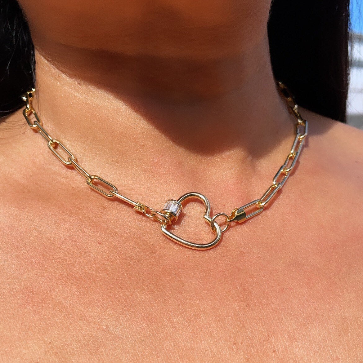 18k Gold Layered Paper Clip Choker with Heart Carabiner Lock Clasp Featuring